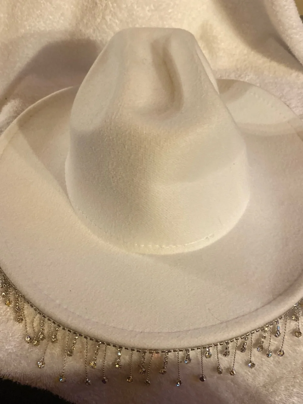Women's White Fedora Hat with Beaded Fringe Trim